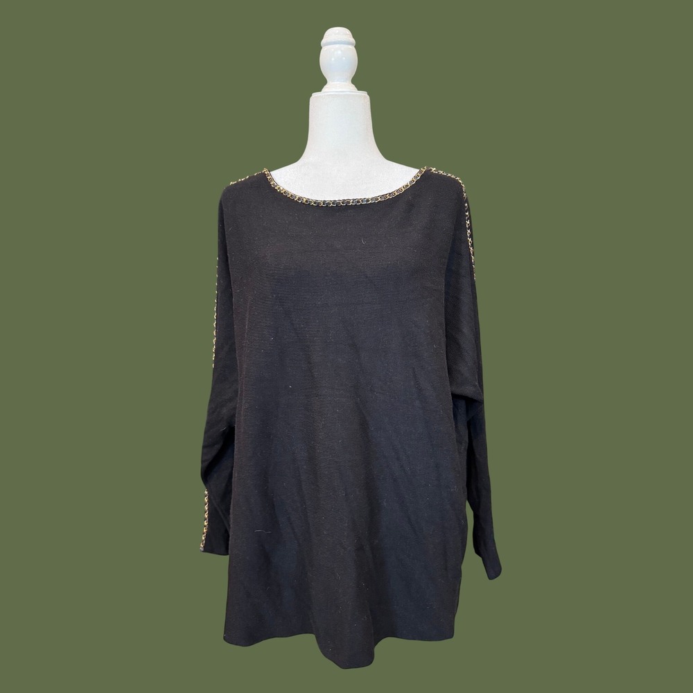 LIV Milano Tunic Top Womens 2X Black Excellent Chain Trim Long Sleeve Ribbed